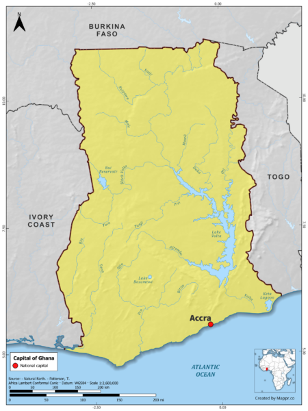 Map highlighting Accra, the capital of Ghana, with surrounding countries and geographical features, in color.