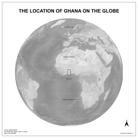 Map showing Ghana's location on a globe, highlighted in red on the African continent.