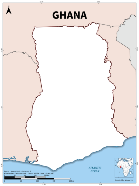 Outline map of Ghana with country borders in color.