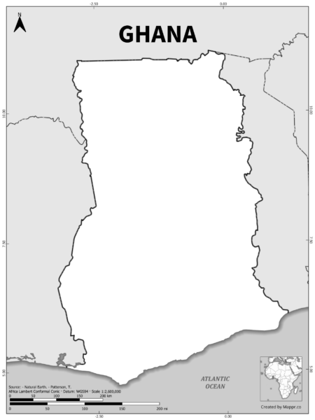 Black and white outline map of Ghana, showing the country's borders.