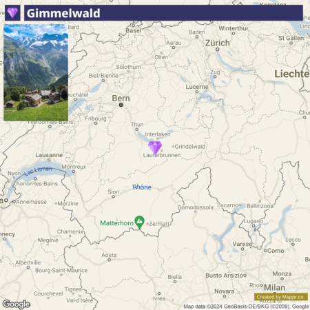 An interactive map highlighting locations in Switzerland with markers on Gimmelwald, Matterhorn, and other geographic names such as Bern, Zurich, and Lucerne. The map includes place names, water bodies like lakes and rivers, and terrain shading. The top left corner features a logo and the name "Gimmelwald" with an accompanying scenic photo of the village.