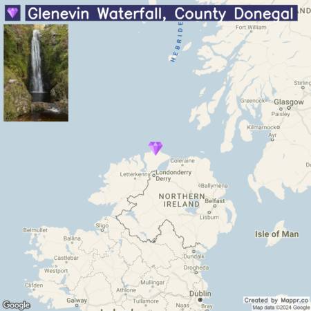 A map showing the location of Glenevin Waterfall in County Donegal, with a photograph of the waterfall inset in the top left corner. The map highlights Northern Ireland and the northwestern part of the Republic of Ireland, with a purple diamond marker indicating the waterfall's position.