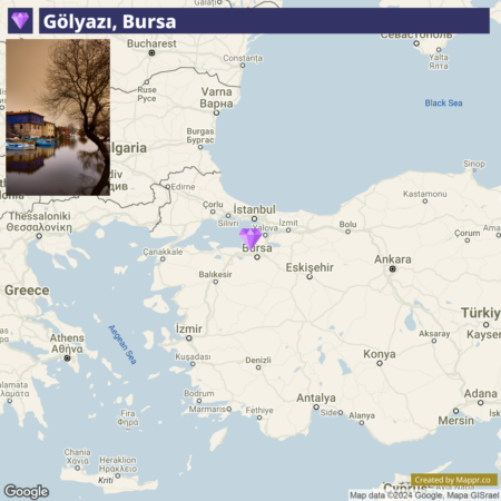 A map highlighting the location of Gölbaşı, Bursa in Turkey, with an inset photo of Gölbaşı's scenic lakeside at twilight on the top left corner.