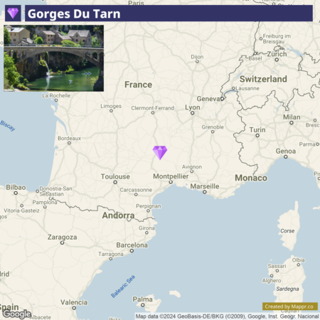 A map showing the location of Gorges Du Tarn in France with a small inset photo of a stone bridge over a river surrounded by lush greenery in the top left corner.