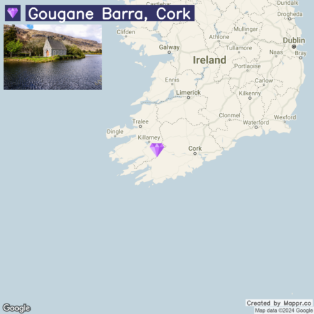 A map showing the location of Gougane Barra in Cork, Ireland, with an inset photograph of a historic stone building by a lake surrounded by trees.