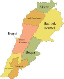 A color-coded administrative map of Lebanon showing various regions including Beirut, Mount Lebanon, Beqaa, Nabatieh, South Governorate, North Governorate, Akkar, and Baalbek-Hermel.