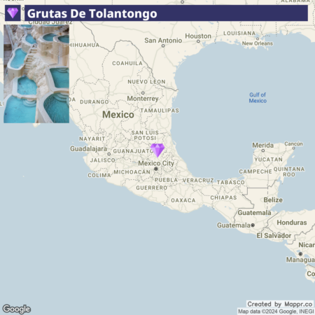 An inset image of the Grutas de Tolantongo (cave and hot springs complex) at the top left, overlaying a map of Mexico highlighting the location of the attraction with a purple pin near Mexico City. The map includes state and country names, boundaries, and nearby Gulf of Mexico.