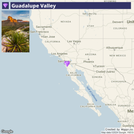 A map highlighting Guadalupe Valley in Baja California, Mexico, with a purple marker, paired with a small inset photo at the top left corner showing a yucca plant in the foreground and a sunlit rocky landscape in the background.