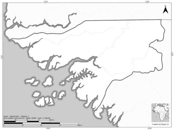 Blank black and white map of Guinea Bissau with borders and no labels.