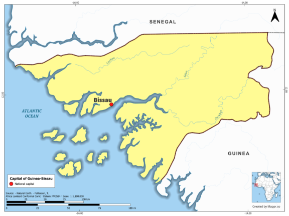 Map highlighting Bissau, the capital of Guinea Bissau, with country borders, in color.