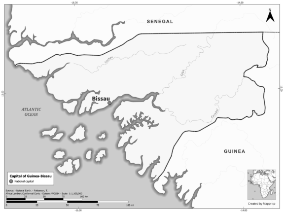 Black and white map highlighting Bissau, the capital of Guinea Bissau.