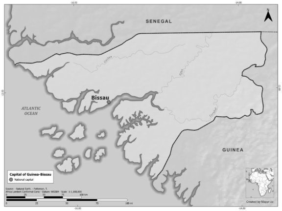 Black and white map of Guinea Bissau highlighting Bissau as the capital, with neighboring countries.