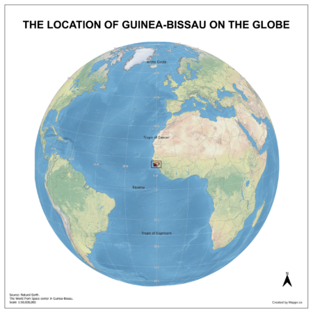 Map showing Guinea Bissau's location on a globe, highlighted in red on the African continent.