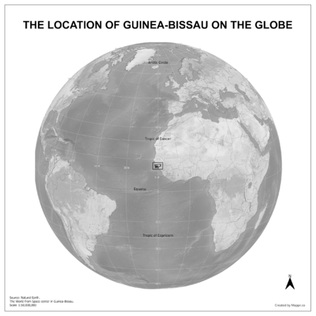Map showing Guinea Bissau's location on a globe, highlighted in red on the African continent.