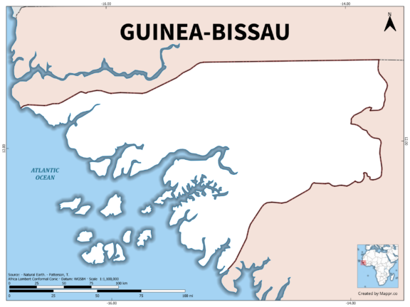 Outline map of Guinea Bissau with country borders in color.