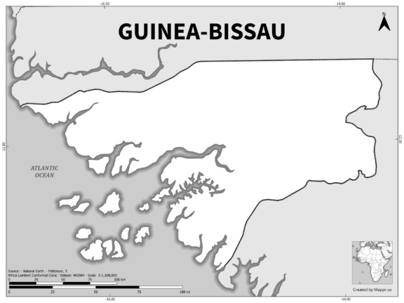 Black and white outline map of Guinea Bissau, showing the country's borders.