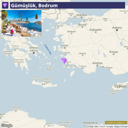 A map showing the location of Gümüşlük, Bodrum on the Aegean coast of Turkey, with surrounding cities and geographical features labeled. The upper left corner of the image displays a collage of photos from Gümüşlük, suggesting it is a coastal tourist destination.