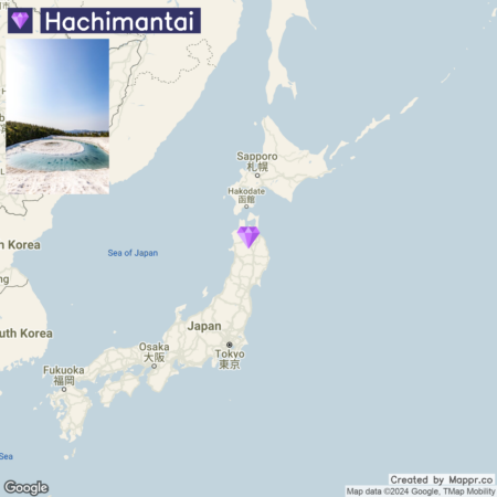 A map of Japan highlighting the location of Hachimantai with a purple marker, along with an inset of a photo of a scenic view at the top left corner of the image.