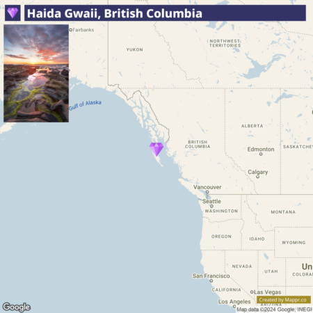 A map showing the location of Haida Gwaii in British Columbia, marked with a purple diamond symbol, with an inset of a sunset view over rocky coastal terrain in the upper left corner.