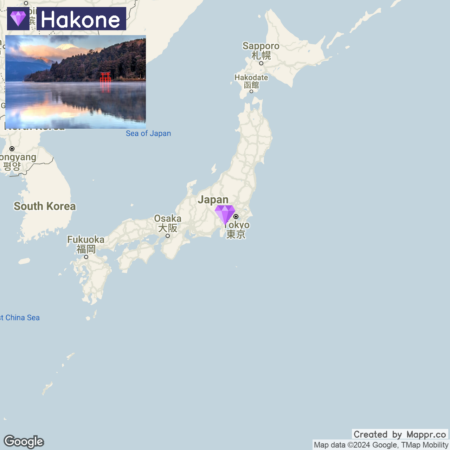 A map of Japan highlighting the location of Hakone near Tokyo with an inset picture of the Hakone Shrine Torii gate at Lake Ashi.