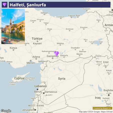 The image shows a split view with the top section displaying a picturesque landscape of Halfeti, Sanliurfa, featuring a body of water with a mosque and its reflection alongside structures on the cliff’s edge. The bottom section is a map of Turkey and surrounding countries, highlighting the location of Sanliurfa with a purple marker near the southeastern part of Turkey.