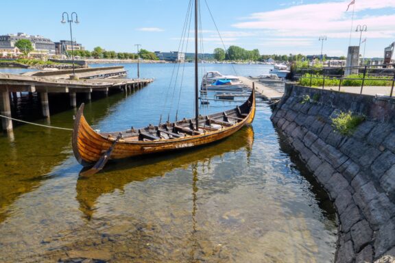 Old wooden Viking boat at Hamar Harbor on Mjøsa