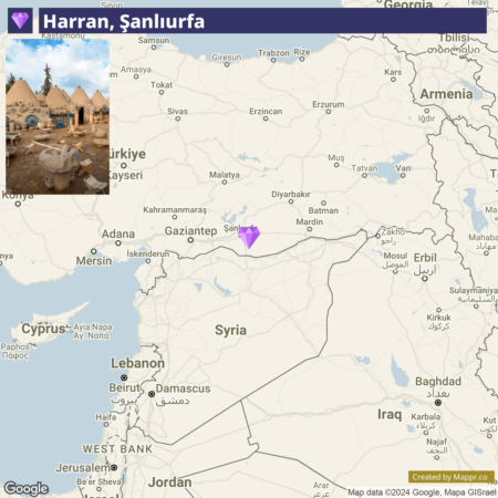 A map showing the location of Harran, Şanlıurfa in southeastern Turkey with an inset photograph in the left corner depicting the historical beehive houses of Harran.