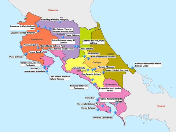 A colorful map of Costa Rica highlighting various national parks, wildlife refuges, and tourist attractions across different provinces.