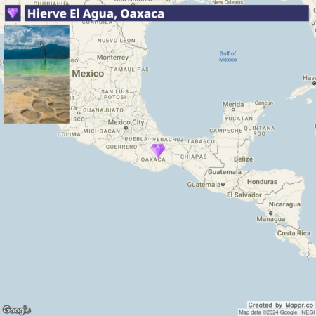 An overlay of a beach image with a tree on the left and rock formations in the foreground on a Google map highlighting the location of Hierve El Agua in Oaxaca, Mexico, with surrounding regions and countries labeled.