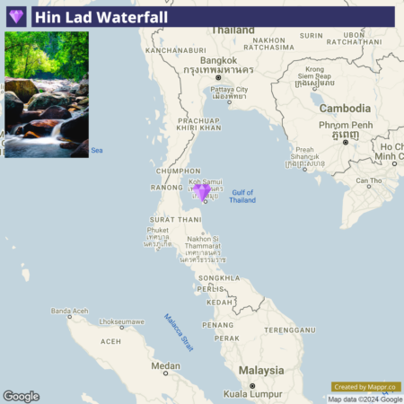 A map highlighting Hin Lad Waterfall's location with a thumbnail image of the waterfall placed in the Gulf of Thailand near Koh Samui.