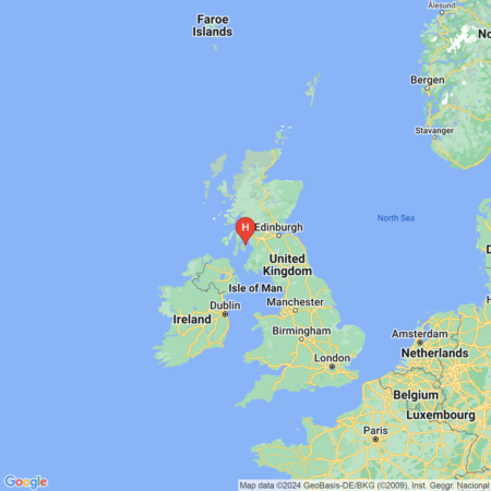 A map showing the geographical location of Holy Isle in Scotland near Edinburgh in the United Kingdom, with a red pin marking the city's position.