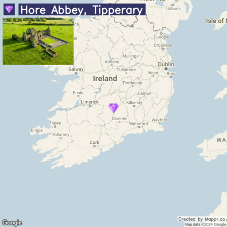 A map highlighting the location of Hore Abbey in Tipperary, Ireland, with an inset photo of the abbey ruins in a green field.