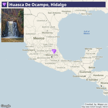 Alt text: A map highlighting the location of Huasca De Ocampo, Hidalgo in Mexico, with a small image insert of a waterfall representing the area.