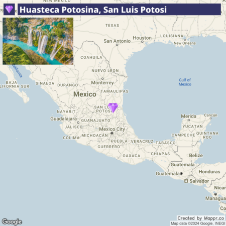 A map highlighting Huasteca Potosina in San Luis Potosi, Mexico, with a small photo insert of a scenic waterfall in the region.