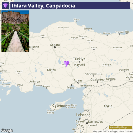 A split image with the top half showing a wooden footbridge leading through green foliage in the Ihlara Valley, Cappadocia, and the bottom half displaying a map of Turkey with "Ihlara Valley, Cappadocia" pinpointed in central Turkey, near Aksaray, with surrounding countries labeled.