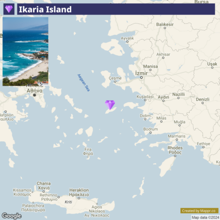 Map showing the location of Ikaria Island in the Aegean Sea, with surrounding area including parts of Greece and Turkey, with a thumbnail photo of a coastal view from the island in the top left corner.