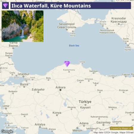 A map highlighting the location of Ilıca Waterfall in the Küre Mountains, Turkey, with an inset photo showing the actual waterfall within a lush, green gorge. The map shows surrounding cities and geography, with a purple diamond symbol marking the waterfall's position.