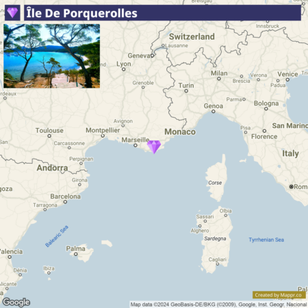 Map showing the location of Île de Porquerolles off the southern coast of France, near Marseille and to the east of Toulon, with an inset photograph of a tranquil beach view through trees on the island.