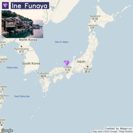 A map of a part of East Asia showing the location of Ine Funaya with a purple diamond marker, adjacent to Japan's coastline near Osaka with an inset picture in the upper left corner depicting traditional wooden boathouses along a waterfront at dusk.