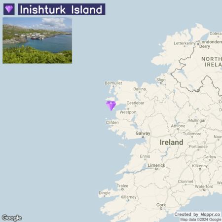 A map of Ireland highlighting the location of Inishturk Island with a purple marker, accompanied by a small inset image in the top left corner showing a scenic view of the island with buildings near the coast.