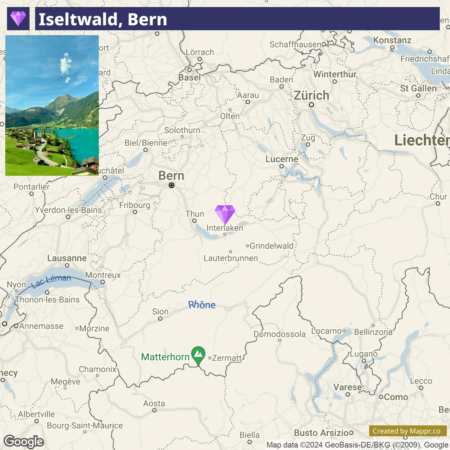 Alt text: A map showing the geographical location of Iseltwald in the Bern region of Switzerland with an inset photo of Iseltwald village beside a lake with mountains in the background.