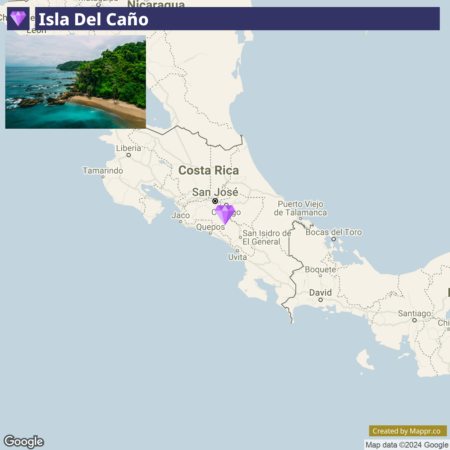 A map showing a section of Central America, focusing on Costa Rica, with a purple pin over San José and other cities labeled, as well as a picture insert of Isla Del Caño with a coastal view featuring lush greenery and rocky shorelines.