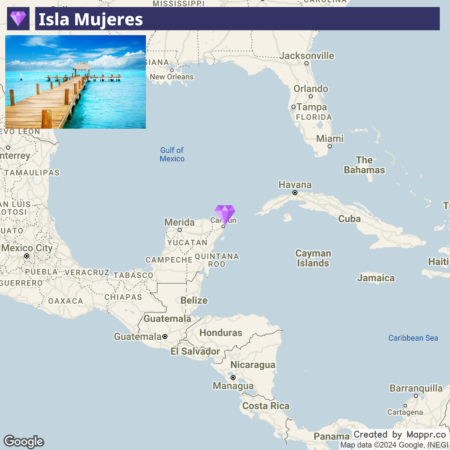 An inset image of a wooden pier extending into clear blue water with the label "Isla Mujeres" is overlayed on a map of the Gulf of Mexico and Caribbean Sea region, showing parts of southern United States, Mexico, Central America, and the northern coastline of South America, along with various islands. Major cities and countries are labeled, while a purple marker indicates the location of Isla Mujeres near the Yucatan Peninsula. The image includes attributions for map data to ©2024 Google and INEGI, and a note stating "Panorama Created by Mappxr.co".