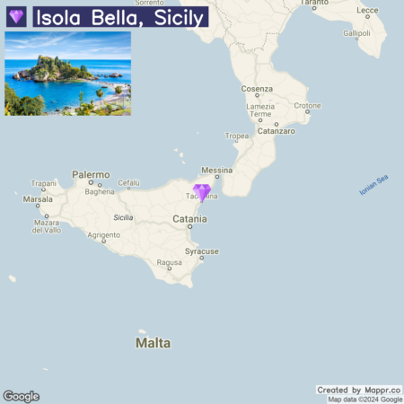 An image showcasing a map of Sicily with the location of Isola Bella highlighted, accompanied by a photograph of the picturesque Isola Bella island with lush greenery and surrounding blue waters.