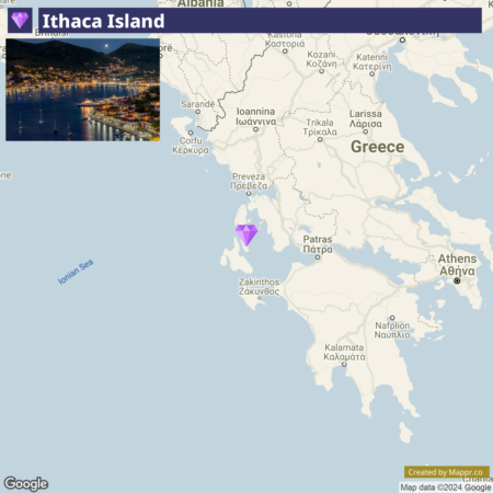 A digital map highlighting Ithaca Island in the Ionian Sea with a small inset image in the corner showing a nighttime view of a coastal town on the island. Surrounding areas of Greece and nearby islands, as well as parts of the mainland, are also visible. A marker indicates Ithaca's location, and the map includes place names and borders.