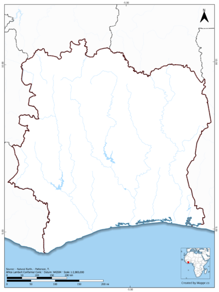 Blank map of Ivory Coast showing borders and no labels, in color.
