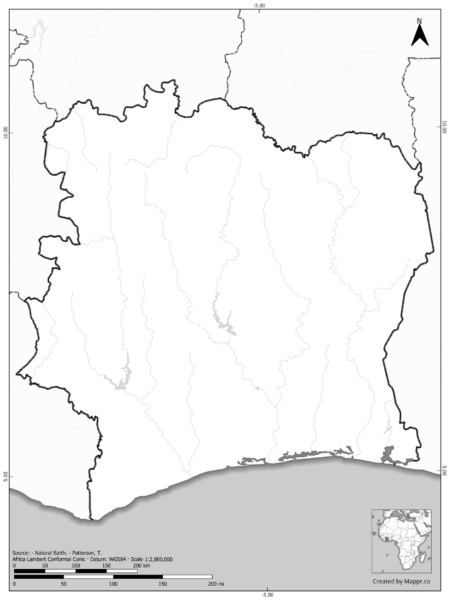 Blank black and white map of Ivory Coast with borders and no labels.