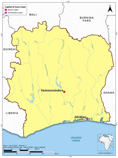 Map highlighting Yamoussoukro, Abidjan, the capital of Ivory Coast, with country borders, in color.