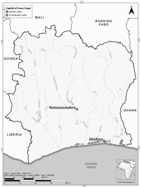 Black and white map highlighting Yamoussoukro, Abidjan, the capital of Ivory Coast.
