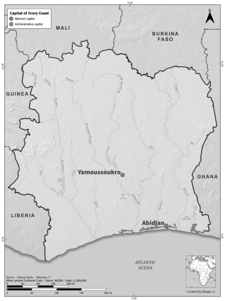 Black and white map of Ivory Coast highlighting Yamoussoukro, Abidjan as the capital, with neighboring countries.
